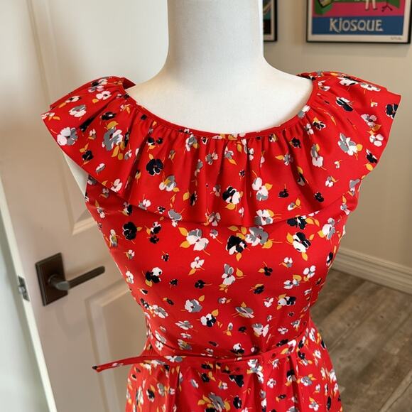 Karen Walker Red Floral Dress With Matching Belt - Size 4 - Picture 2 of 6